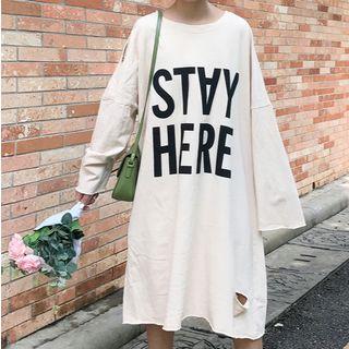 Lettering Long-sleeve Distressed T-shirt Dress