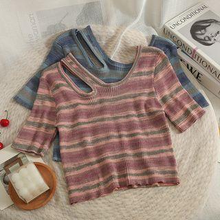 Cutout-shoulder Striped Crop T-shirt