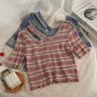 Cutout-shoulder Striped Crop T-shirt