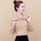 Long-sleeve Mesh Bow Accent Panel Lace Faux Pearl Blouse