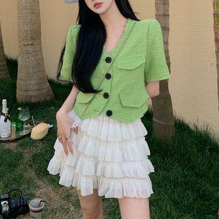 Elbow-sleeve Cardigan / Layered Mini A-line Skirt