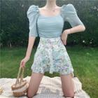 Frilled Short-sleeve Slim-fit Top / Floral Skirt