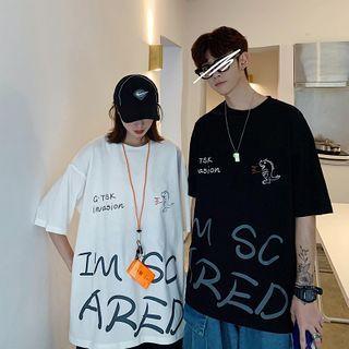 Couple Matching Cartoon Printed Lettering Short-sleeve T-shirt