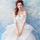 Lace Trim Off Shoulder Elbow Sleeve Wedding Ball Gown