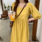 Square-neck Elbow Sleeve Midi A-line Dress