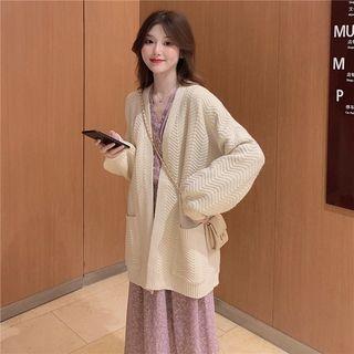 Floral Print Long Sleeve Dress / V-neck Buttoned Cardigan
