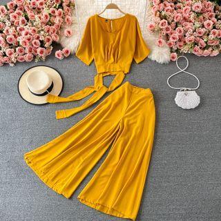 Set: Short Sleeve Open Back Crop Top + Wide Leg Pants