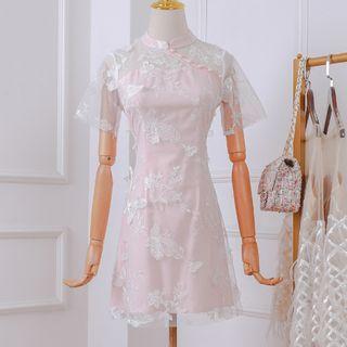 Mandarin Collar Mesh Panel Short-sleeve A-line Dress