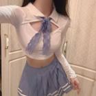 Tie-neck Cutout Cropped T-shirt / Pleated Mini A-line Skirt / Set