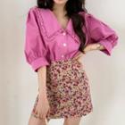 Lantern-sleeve Shirt / Flower Print Mini A-line Skirt