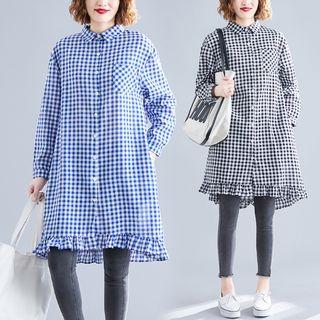 Long-sleeve Gingham Frill Trim Shirt Dress