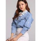Lace-collar Beaded Frilled Denim Blouse Blue - One Size