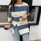Striped Side-slit 3/4-sleeve T-shirt