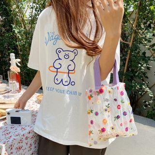 Embroidered Flower Mesh Pouch