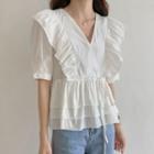 V Neckline Pleated Puff-sleeve Top