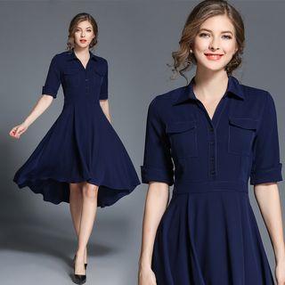 Short-sleeve Dip-back Plain Dress