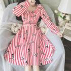 Long-sleeve Striped Crane Print A-line Dress