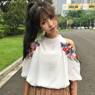 Cutout Shoulder Applique Blouse