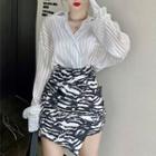 Striped Shirt / Zebra Print Mini A-line Skirt