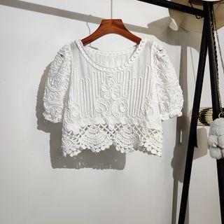 Cropped Crochet Cut-out Puff-sleeve Top White - One Size