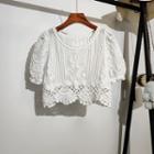 Cropped Crochet Cut-out Puff-sleeve Top White - One Size
