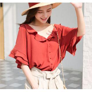 Ruffled Boatneck Bell-sleeve Chiffon Blouse