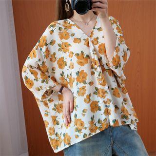 3/4-sleeve Buttoned Floral Print V-neck Blouse Orange Floral - White - One Size