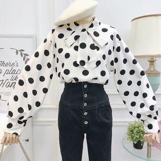 Ribbon-neckline Dotted Blouse
