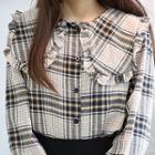 Frill-collar Puff-sleeve Checked Blouse