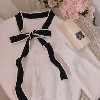 Contrast Trim Bow Cardigan