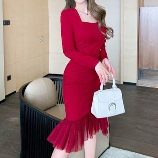 Long-sleeve Mesh Hem Sheath Dress