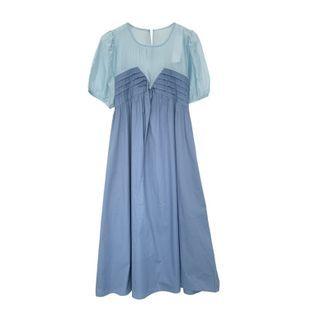 Short-sleeve Mock Two-piece Mesh Panel Midi Dress