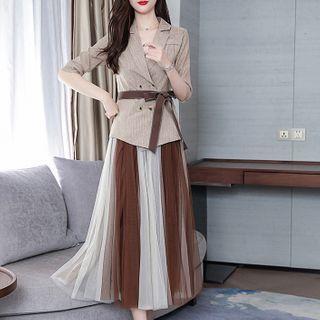 Set: Elbow-sleeve Double-breasted Blazer + Two-tone Mesh Midi A-line Skirt