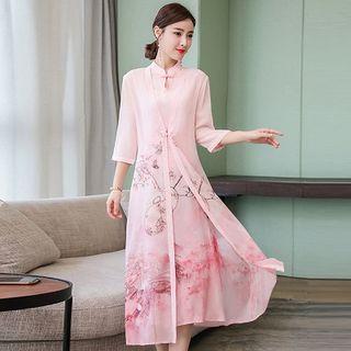 Set: Traditional Chinese Sleeveless Printed Midi Dress + 3/4-sleeve Light Jacket