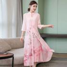 Set: Traditional Chinese Sleeveless Printed Midi Dress + 3/4-sleeve Light Jacket