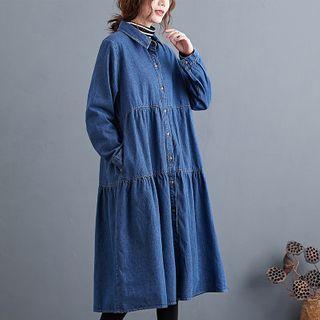 Tiered Midi A-line Denim Shirtdress Blue - One Size