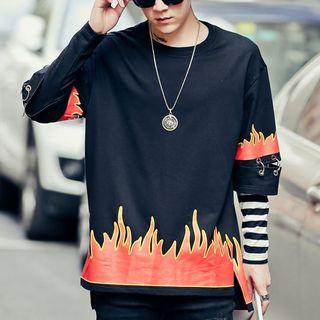 Long Sleeve Flame Print Striped Panel T-shirt