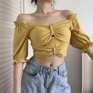 Ribbon Off-shoulder Elbow-sleeve Cropped Top