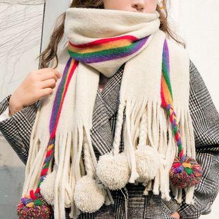 Rainbow Striped Pom Pom Fringe Scarf