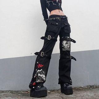 High-waist Printed Pocket Cargo Jeans