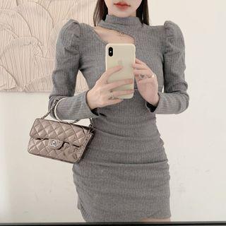 Long-sleeve Mock-neck Cutout Mini Sheath Dress