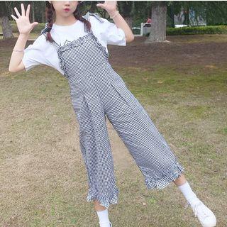 Frill-trim Plaid Jumper Pants
