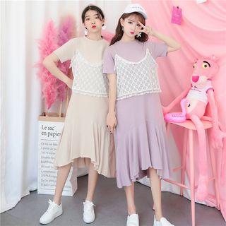 Set: Asymmetric Hem Short-sleeve Dress + Lace Camisole Top