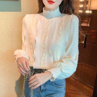 Lace Trim Mock Neck Fleece-lined Blouse