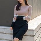 Color Panel Long-sleeve Mini Sheath Dress Black & Almond - One Size
