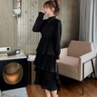Balloon-sleeve Midi Layered Chiffon Dress