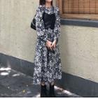 Printed Long-sleeve Midi A-line Dress / Camisole