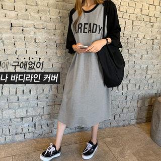Raglan-sleeve Long T-shirt Dress Black - One Size