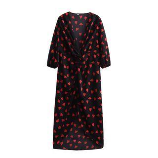 3/4-sleeve Heart Print Ruched Midi Dress