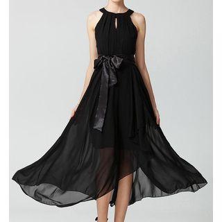Halter Asymmetric Hem Chiffon Maxi Dress